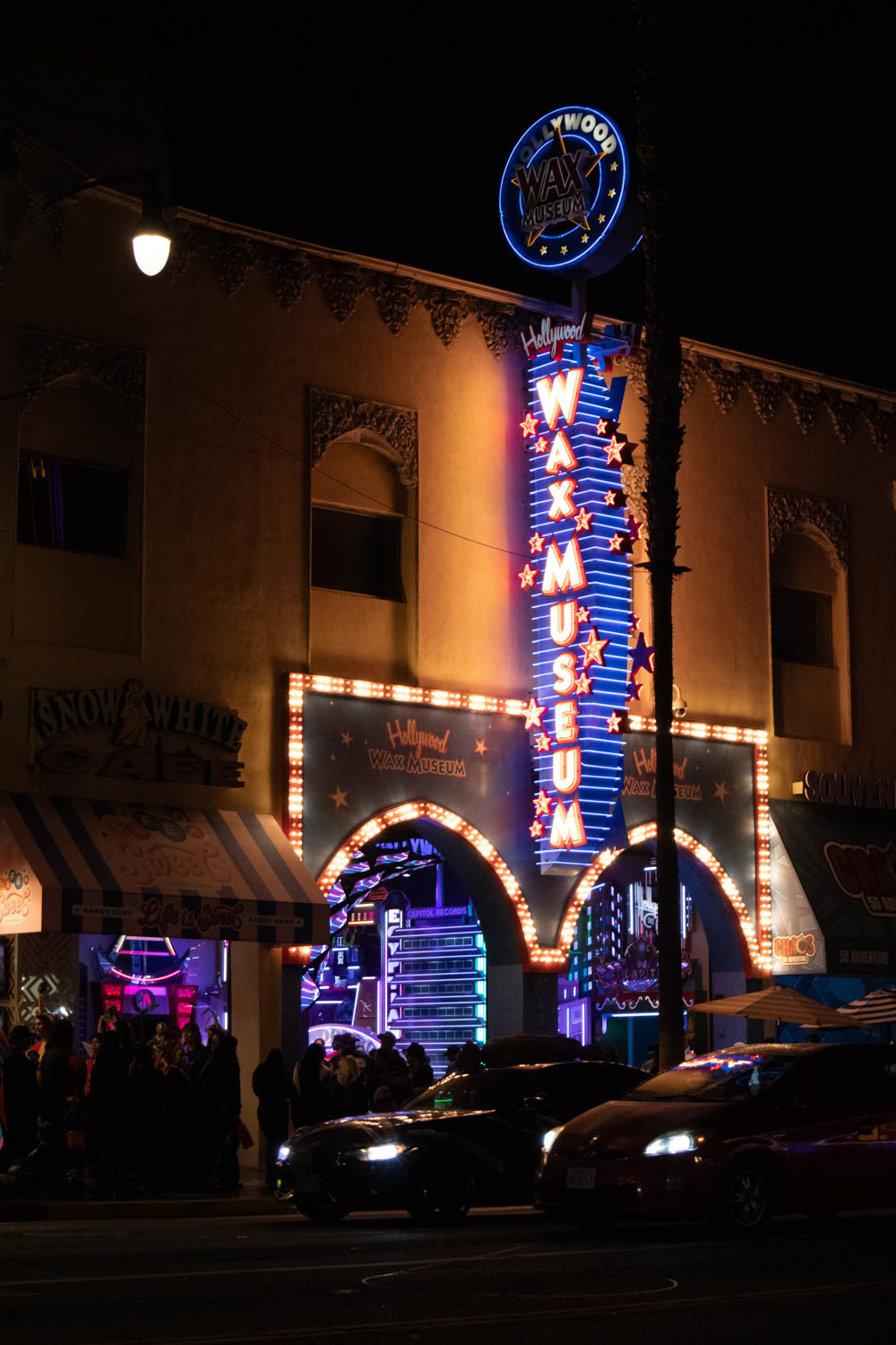 Bright lights outside the Hollywood Wax Museum at night
